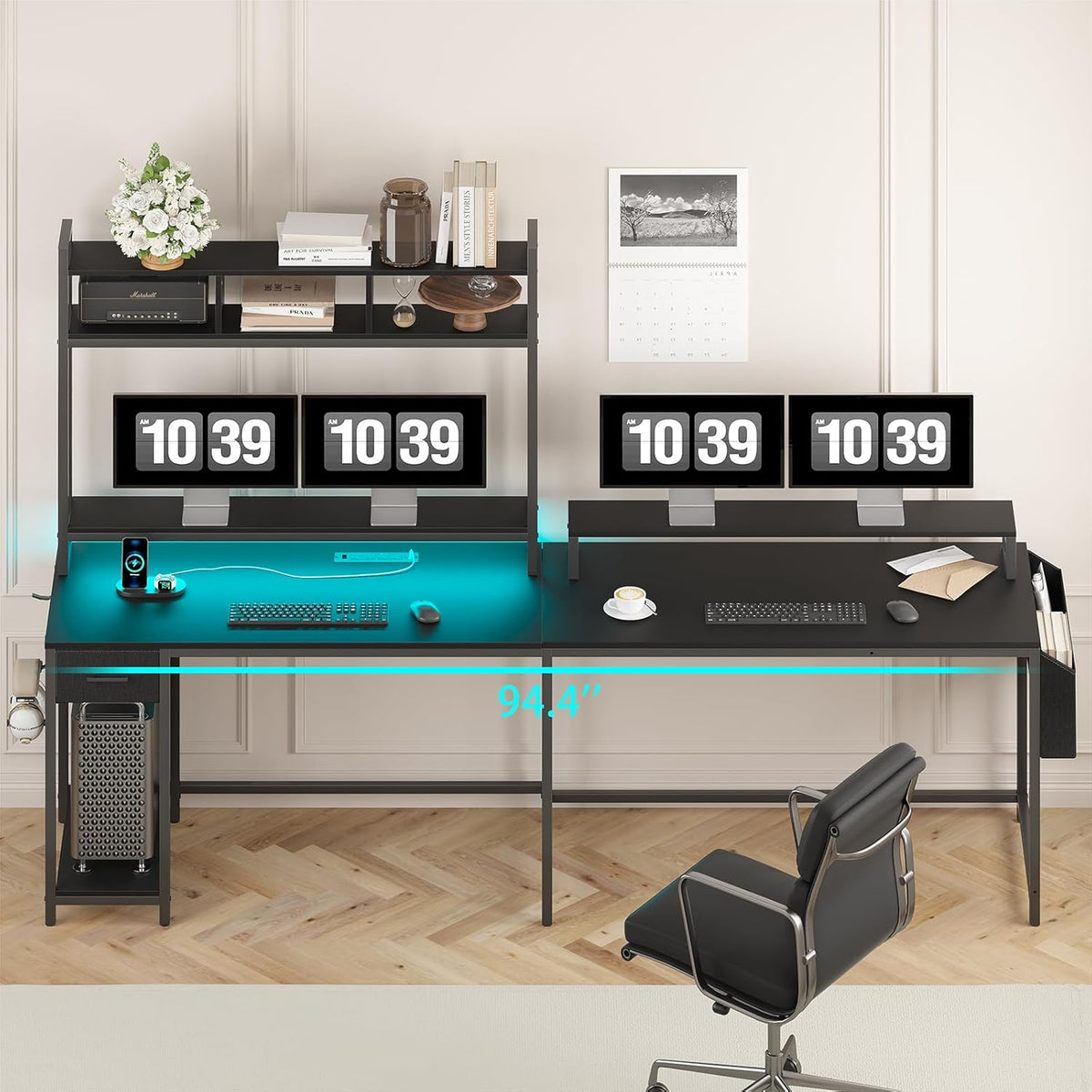 L Shaped Gaming Computer Desk with Monitor Shelf, Power Outlets & LED Lights P6877
