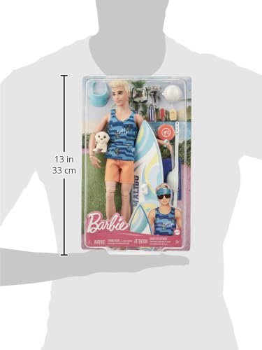 Poseable Blonde Ken Beach Doll with Surfboard and Pet Puppy Z5625