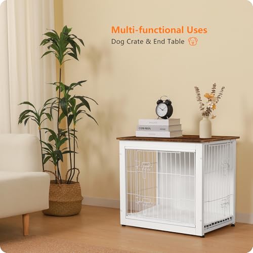 Dog Crate Furniture with Cushion, Wooden Kennel Table with Double Doors, Dark Gray M463411