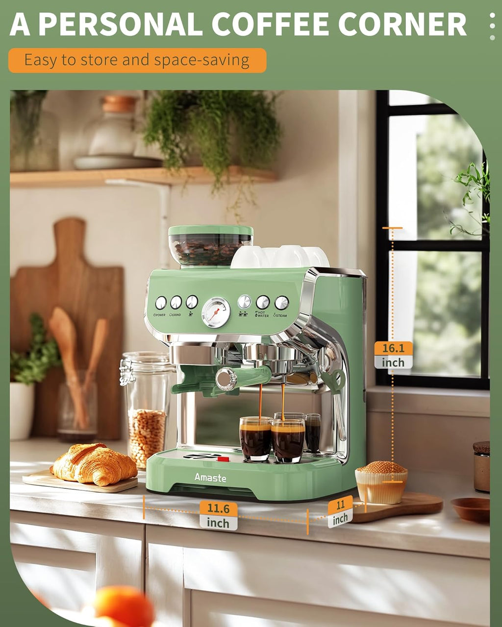 15 Bar Espresso Machine with Grinder and Steam Wand, 68Oz Water Tank, Green C952046