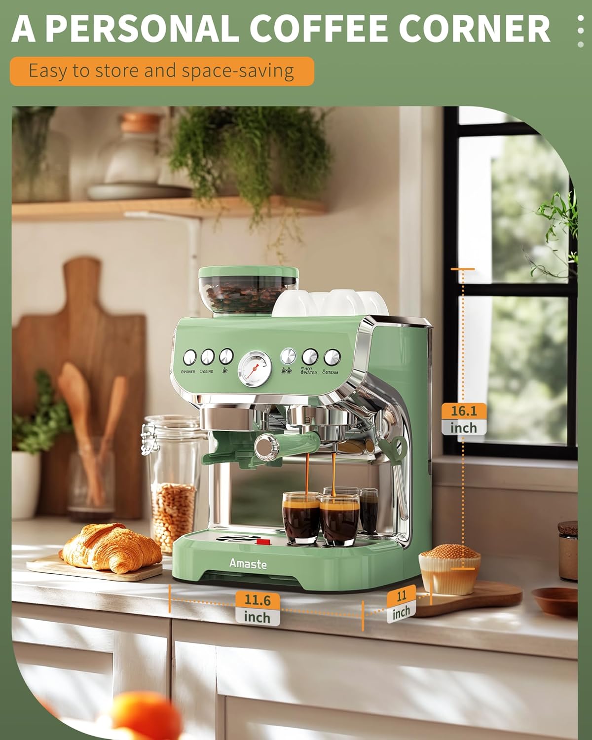 15 Bar Espresso Machine with Grinder and Steam Wand, 68Oz Water Tank, Green C952046