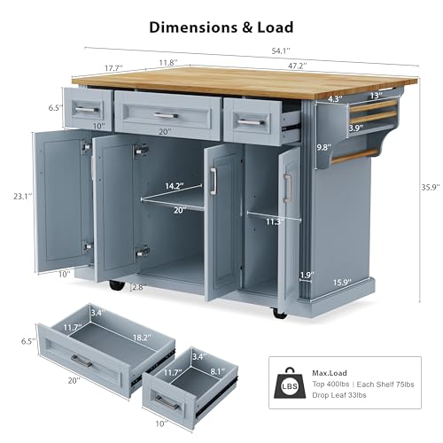 Green Large Kitchen Island with 2 Drop Leaf, 3 Drawers, 55.7" D8910