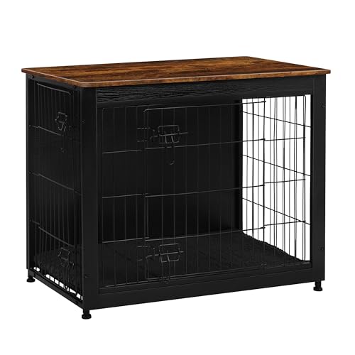 Dog Crate Furniture with Cushion, Wooden Kennel Table with Double Doors, Dark Gray M463411