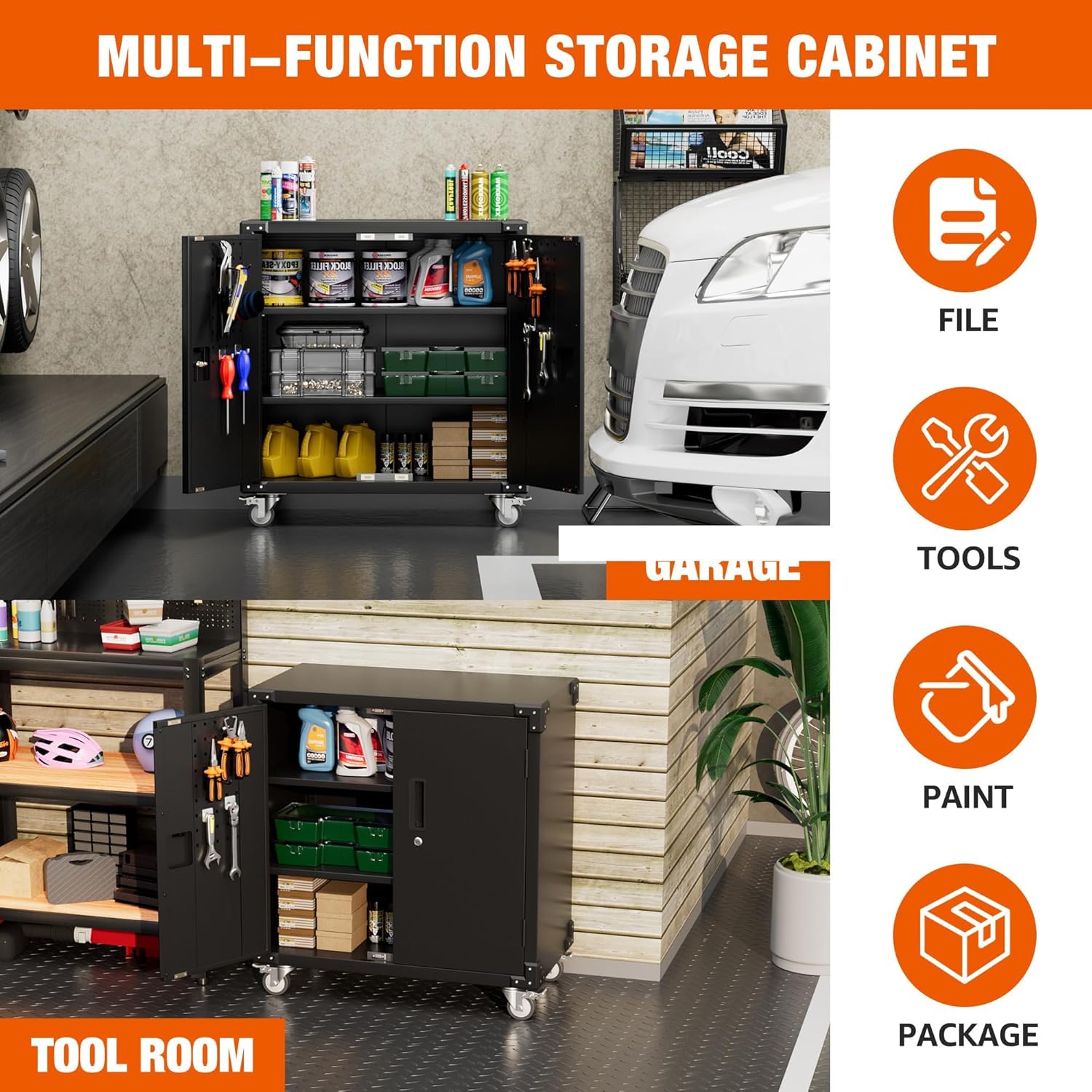 Black Metal Steel Storage Cabinet with Wheels and Pegboard F631884
