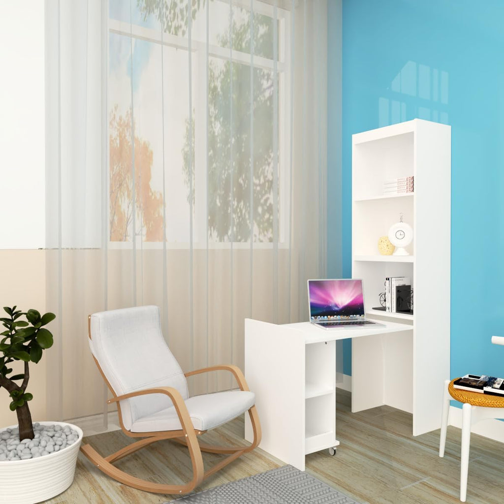 White Queen Size Vertical Murphy Bed with Desk and Drawers U2286