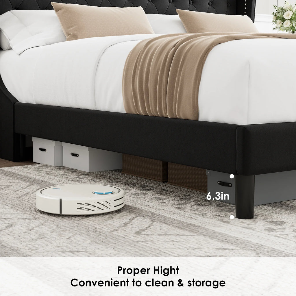 Black Full Bed Frame with Wing-Back Button Tufted Upholstered Headboard and Wood Slat Support P24908