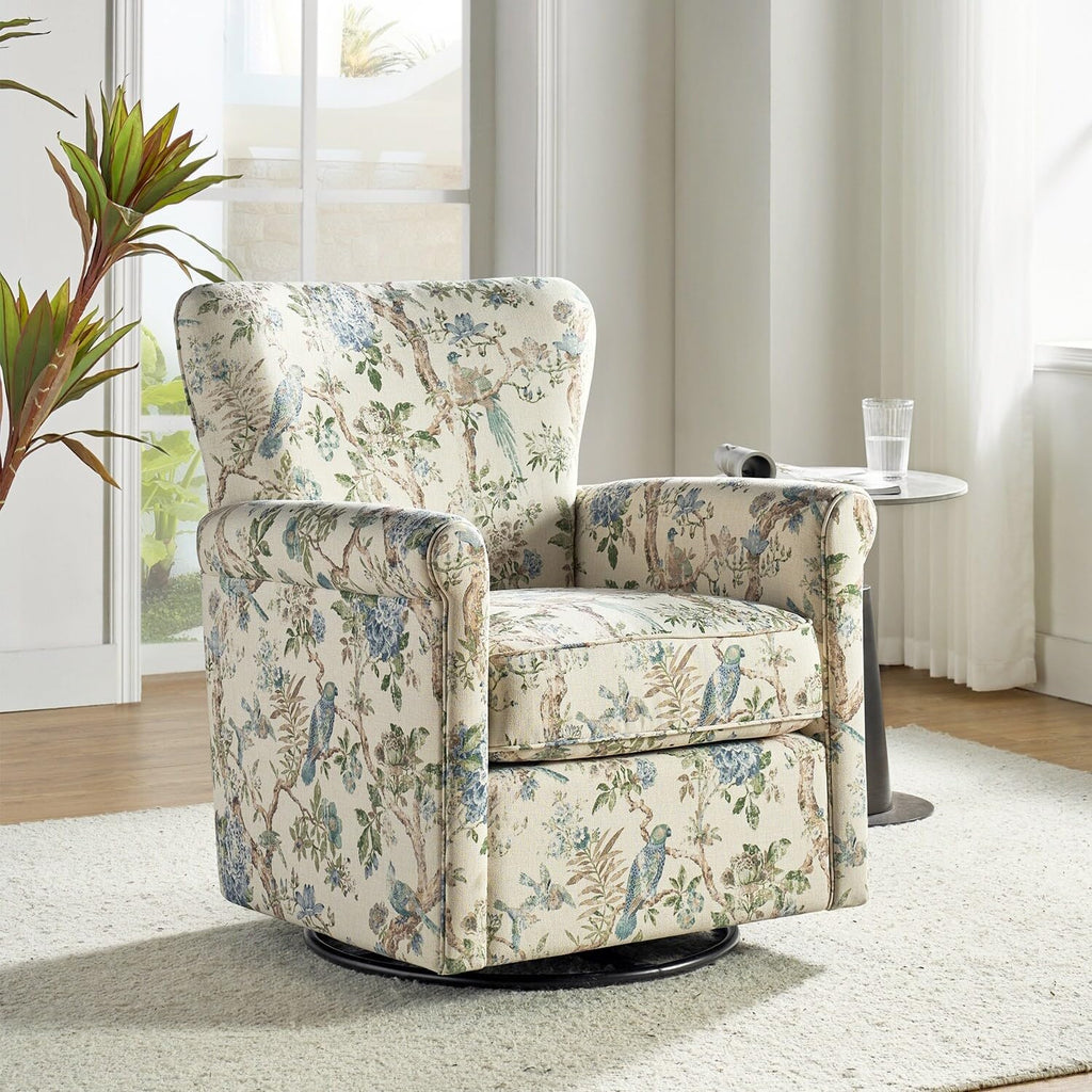 Floral Fabric Swivel Rocker Chair with Rolled Armrest V84301