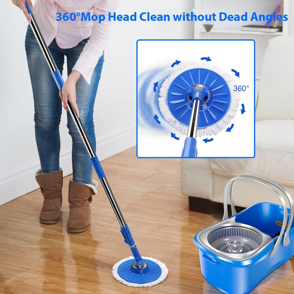 Spin Mop and Bucket with Wringer Set, Microfiber Mops Bucket, Stainless Steel Handle & 5 Reusable Pads L33683