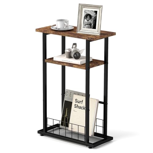 3-Tier Narrow End Table with Magazine Holder Rustic Brown Q51040