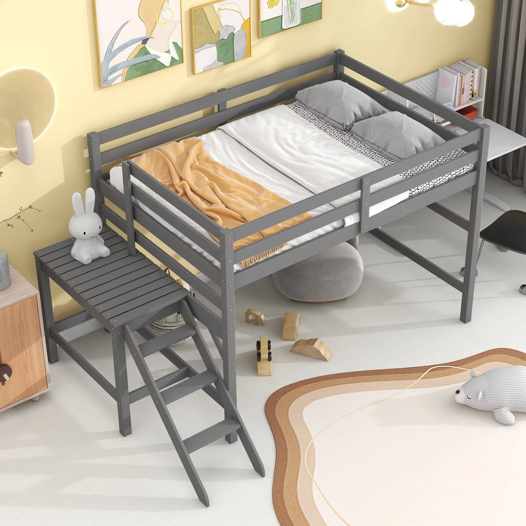 Gray Full Wood Loft Bed with Safety Rail and Ladder P535