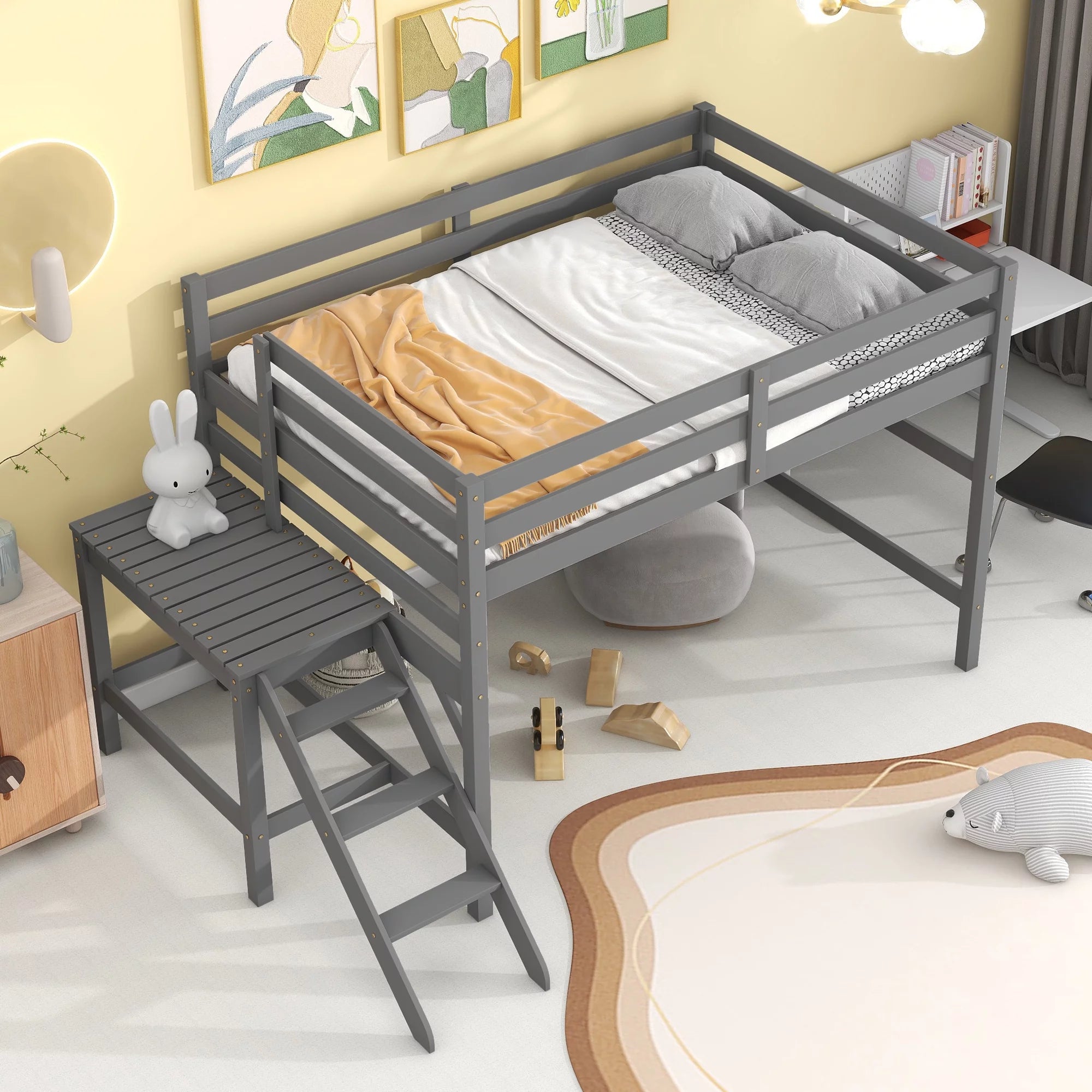 Gray Full Wood Loft Bed with Safety Rail and Ladder P535