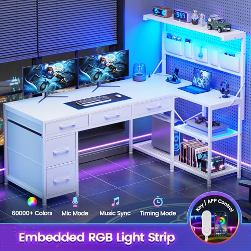Black L Shaped Gaming Desk with 5 Drawers, Storage Shelves, LED Lights, Power Outlets and Storage Bag R314