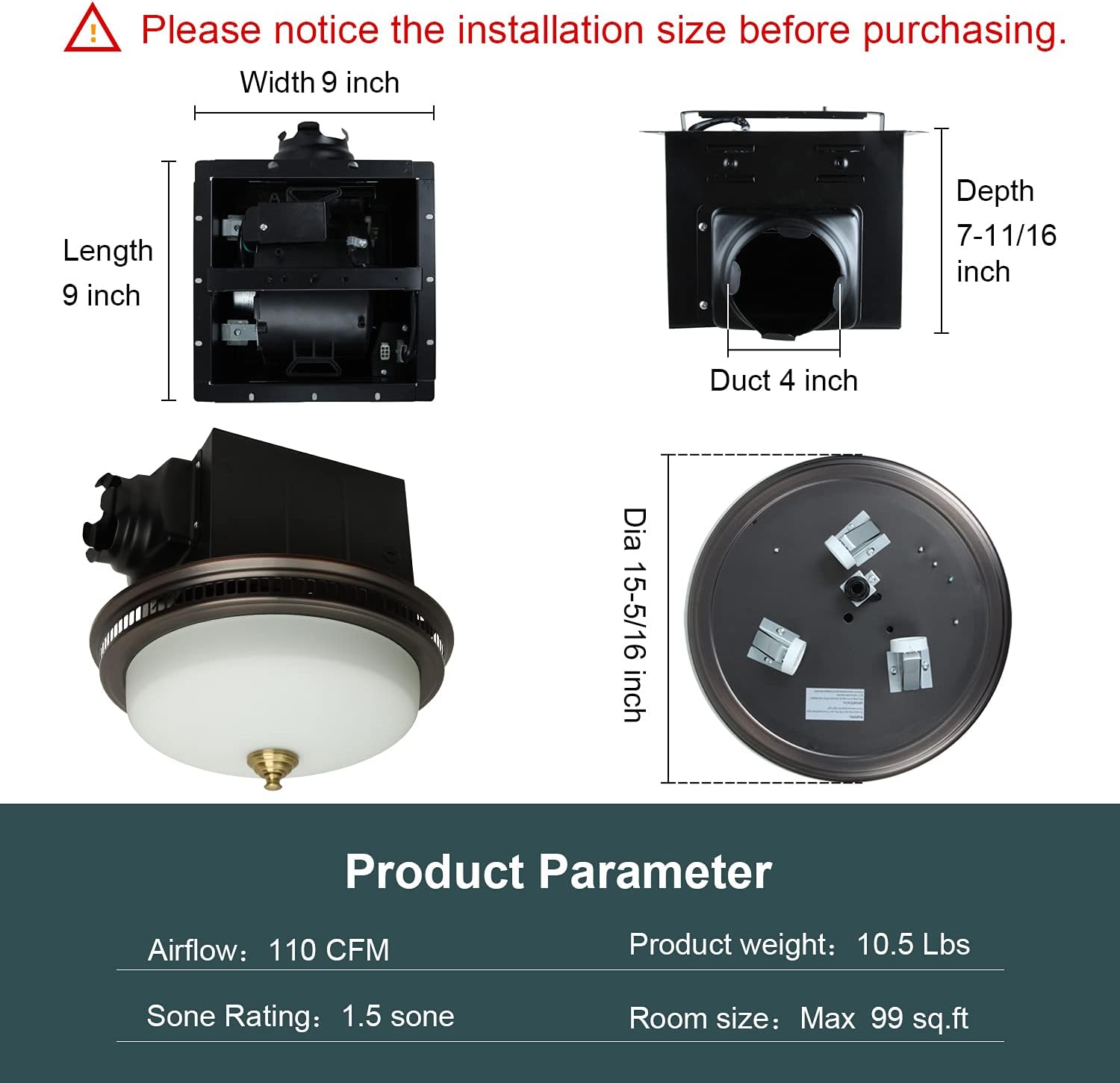 Bronze Round Exhaust Bathroom Fan with Light and Nightlight Q52636
