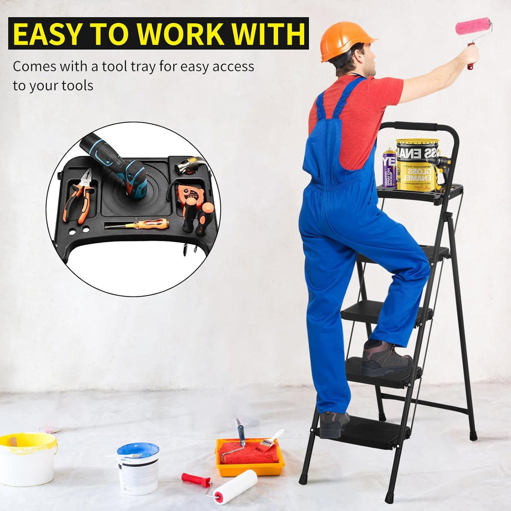 Black Steel Folding Step Stool with Tool Tray Q4159