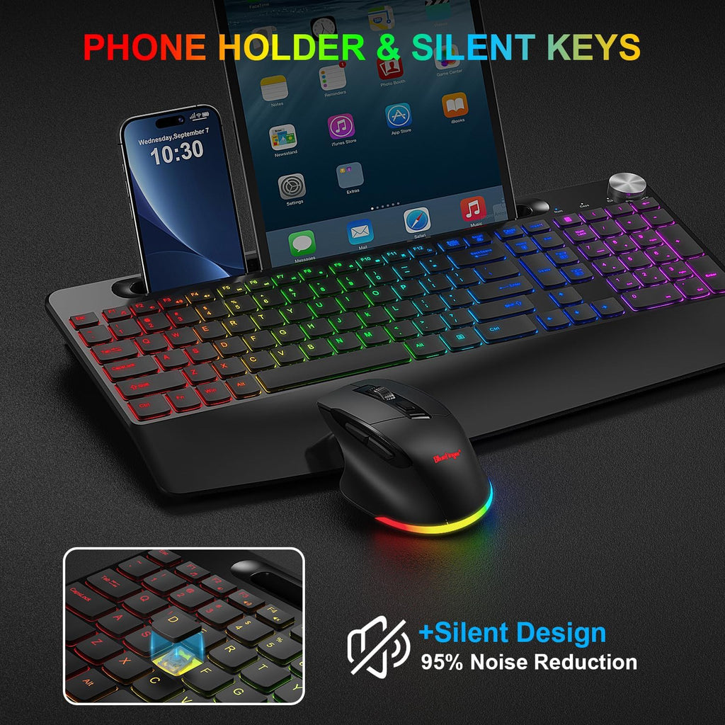Wireless Keyboard and Mouse Combo, 2.4G Rechargeable Ergonomic Gaming Keyboard with Wrist Rest Y345