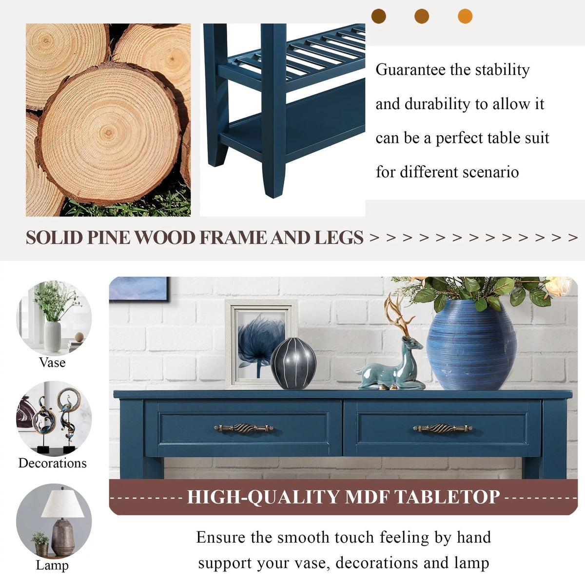 Navy Blue 42'' Solid Wood Console Sofa Table with 2 Drawers and 2 Shelves H535
