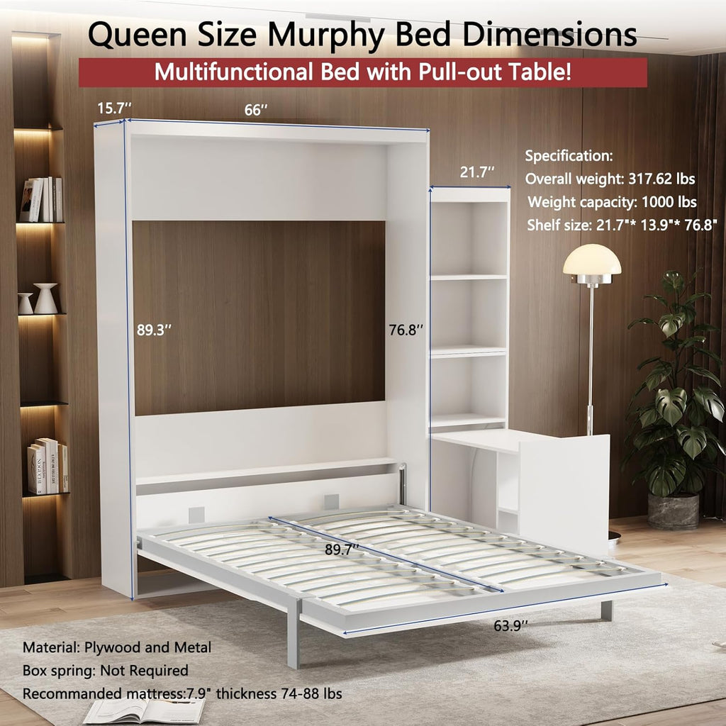 White Queen Size Vertical Murphy Bed with Desk and Drawers U2286
