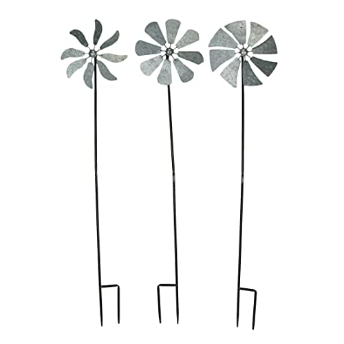 Set of 3 Galvanized Grey Wind Spinner Garden Stakes, 41 Inches High P79757
