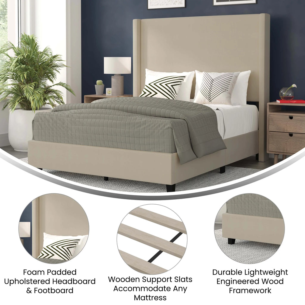 Beige Queen Size Platform Bed Frame with Padded Faux Linen Upholstered Wingback Headboard Z3555