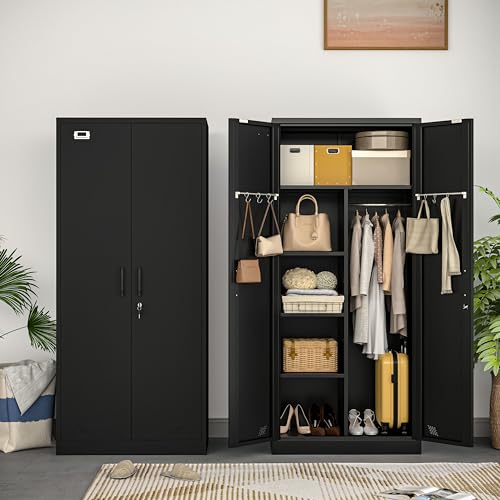 Black Metal Armoire Wardrobe with 2 Doors, 1 Adjustable Shelf, 2 Drawers, and Hanging Rod S392