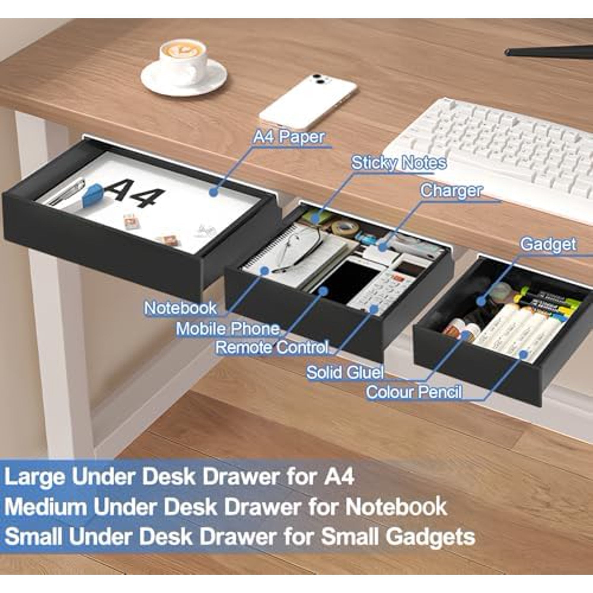 3 Pack Slide Out Desk Drawers, Black I455898