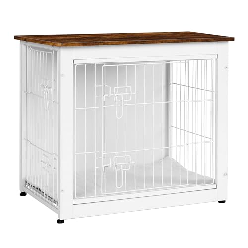 Dog Crate Furniture with Cushion, Wooden Kennel Table with Double Doors, Dark Gray M463411