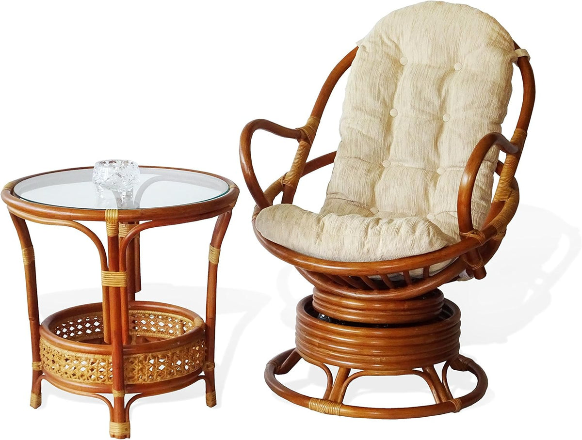 2 PC Natural Rattan Swivel Rocking Chair Set with Cream Cushion and Coffee Table H26882