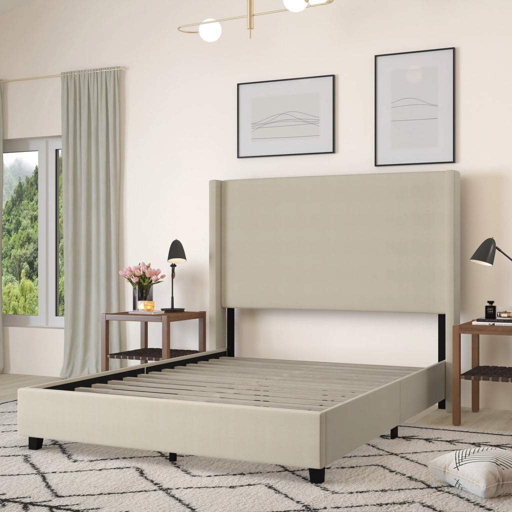 Beige Queen Size Platform Bed Frame with Padded Faux Linen Upholstered Wingback Headboard Z3555