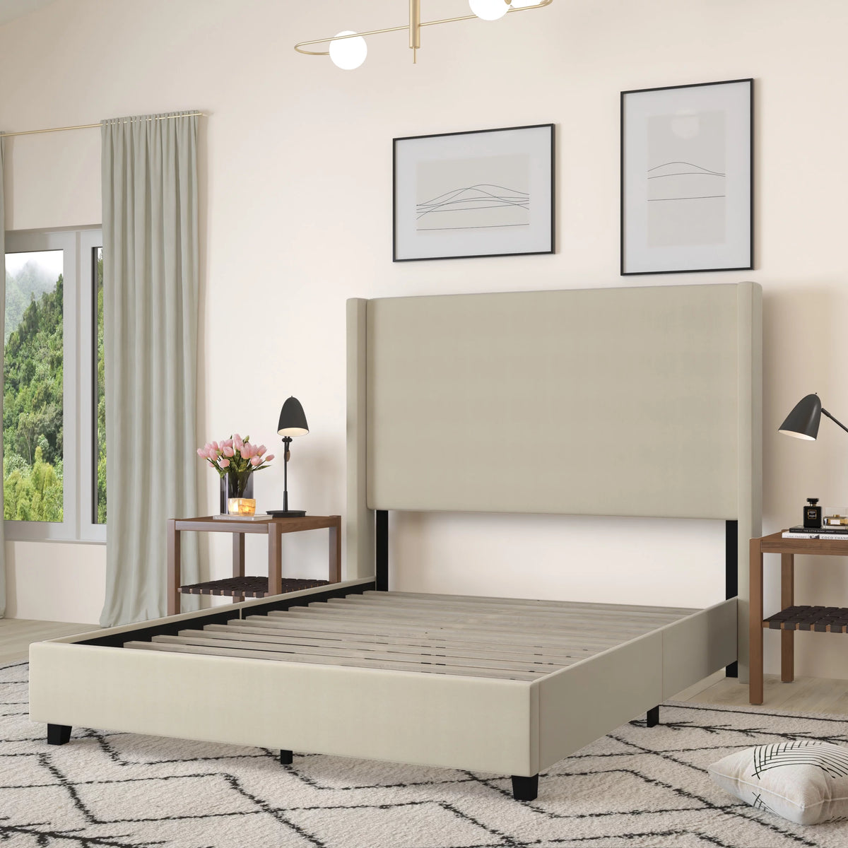 Beige Queen Size Platform Bed Frame with Padded Faux Linen Upholstered Wingback Headboard Z3555