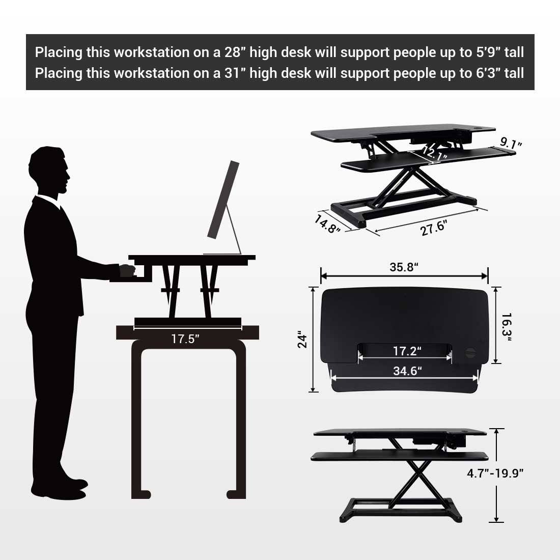 Black electric standing desk converter M477417