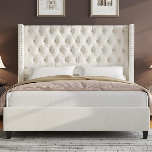 King Upholstered Bed Frame with Tall Headboard Wingback Platform Bed Tufted Deep Button Velvet Light Grey S75347