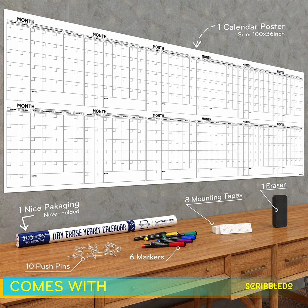 100"x36" White Board Calendar Dry Erase Wall Calendar I701593