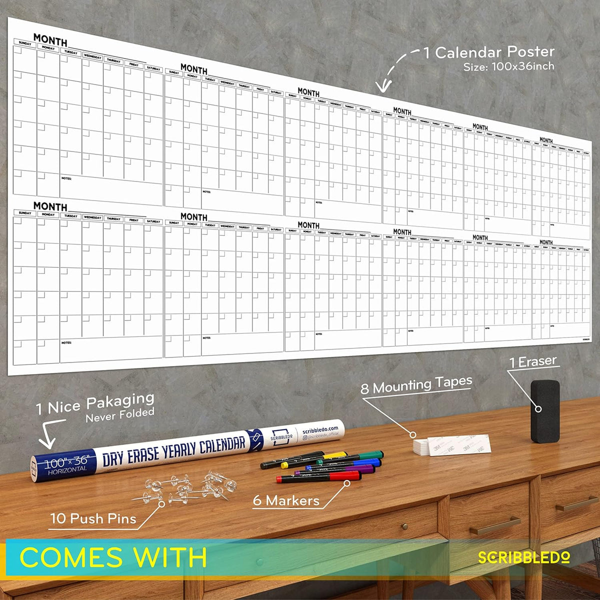 100"x36" White Board Calendar Dry Erase Wall Calendar I701593