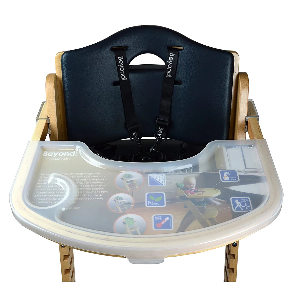 Natural Wood Black Cushion Adjustable Wooden High Chair with Tray J1499