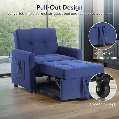 Blue Velvet Convertible Sleeper Sofa Bed with 2 Pillows Q986