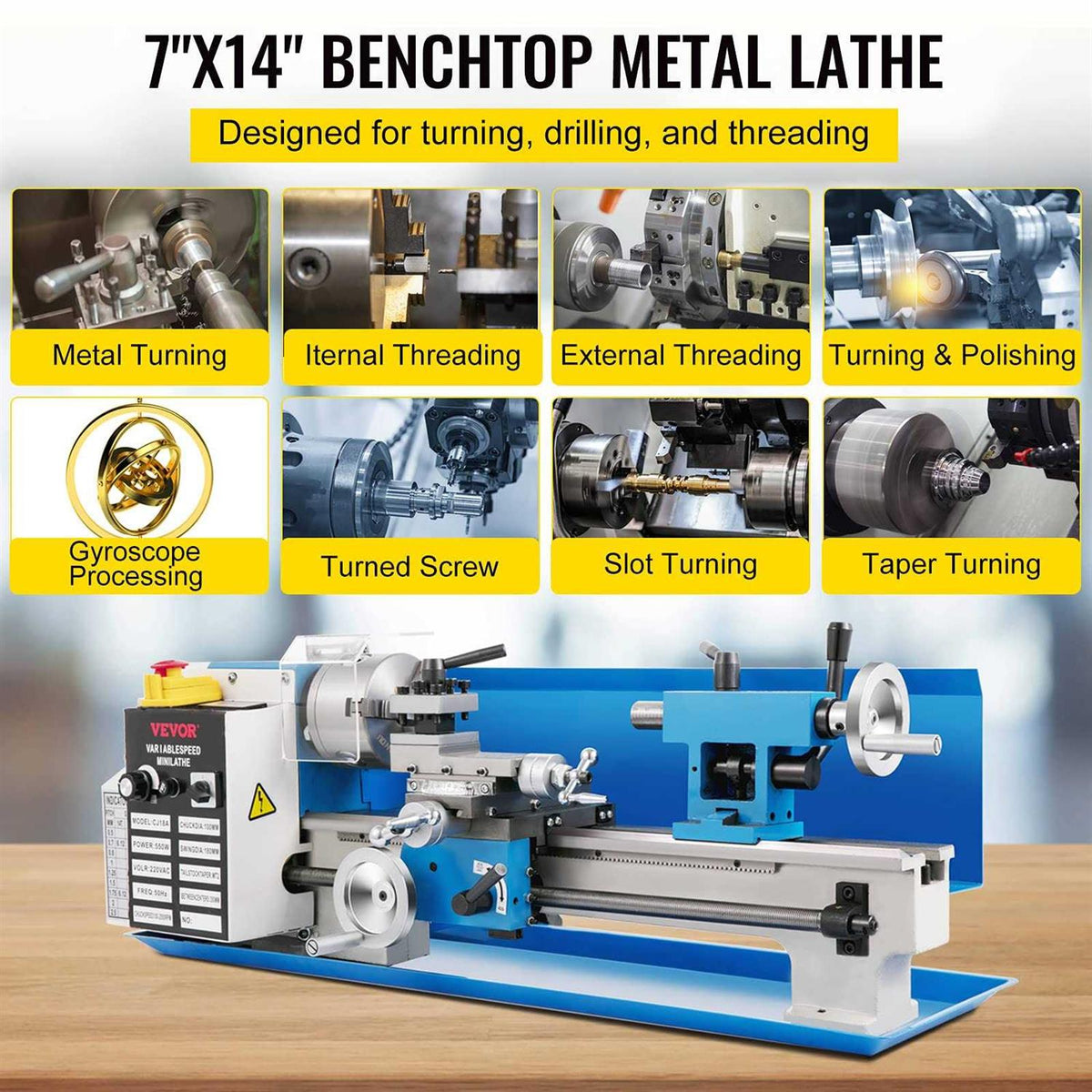 Mini Metal Lathe 7x14 Benchtop 550W Variable Speed Metal Lathe R2800