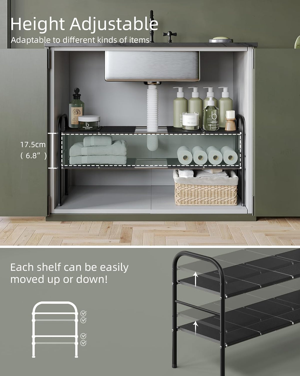 2 Tier Expandable Under Sink Organizer Shelf with 8 Removable Panels U886208