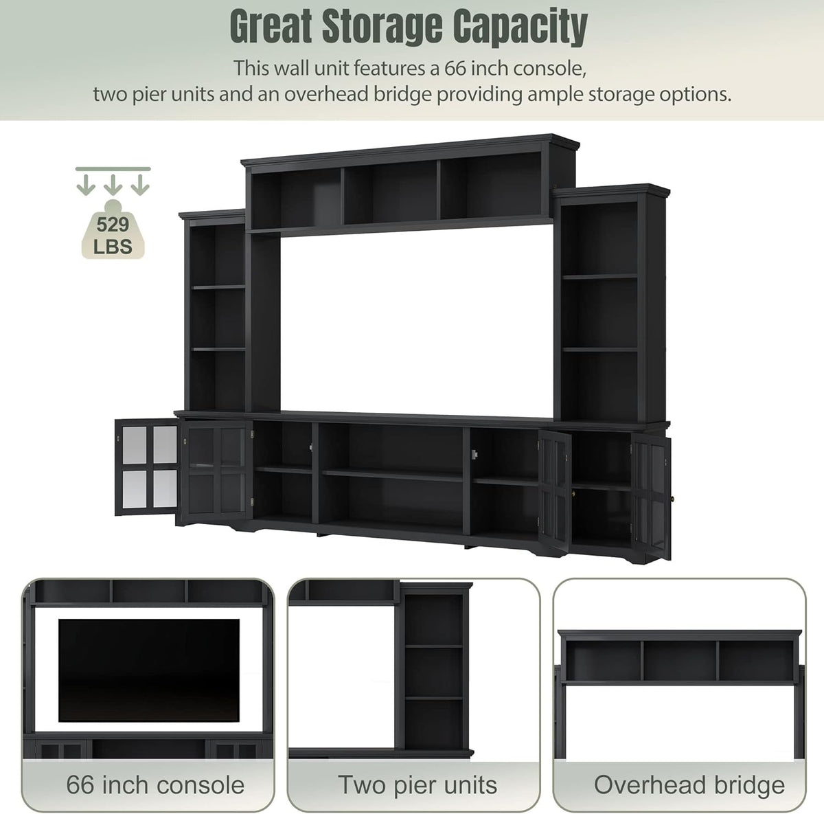 Black Entertainment Wall Unit with Glass Doors & Shelves M514834