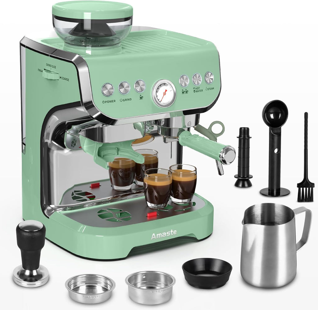 15 Bar Espresso Machine with Grinder and Steam Wand, 68Oz Water Tank, Green C952046