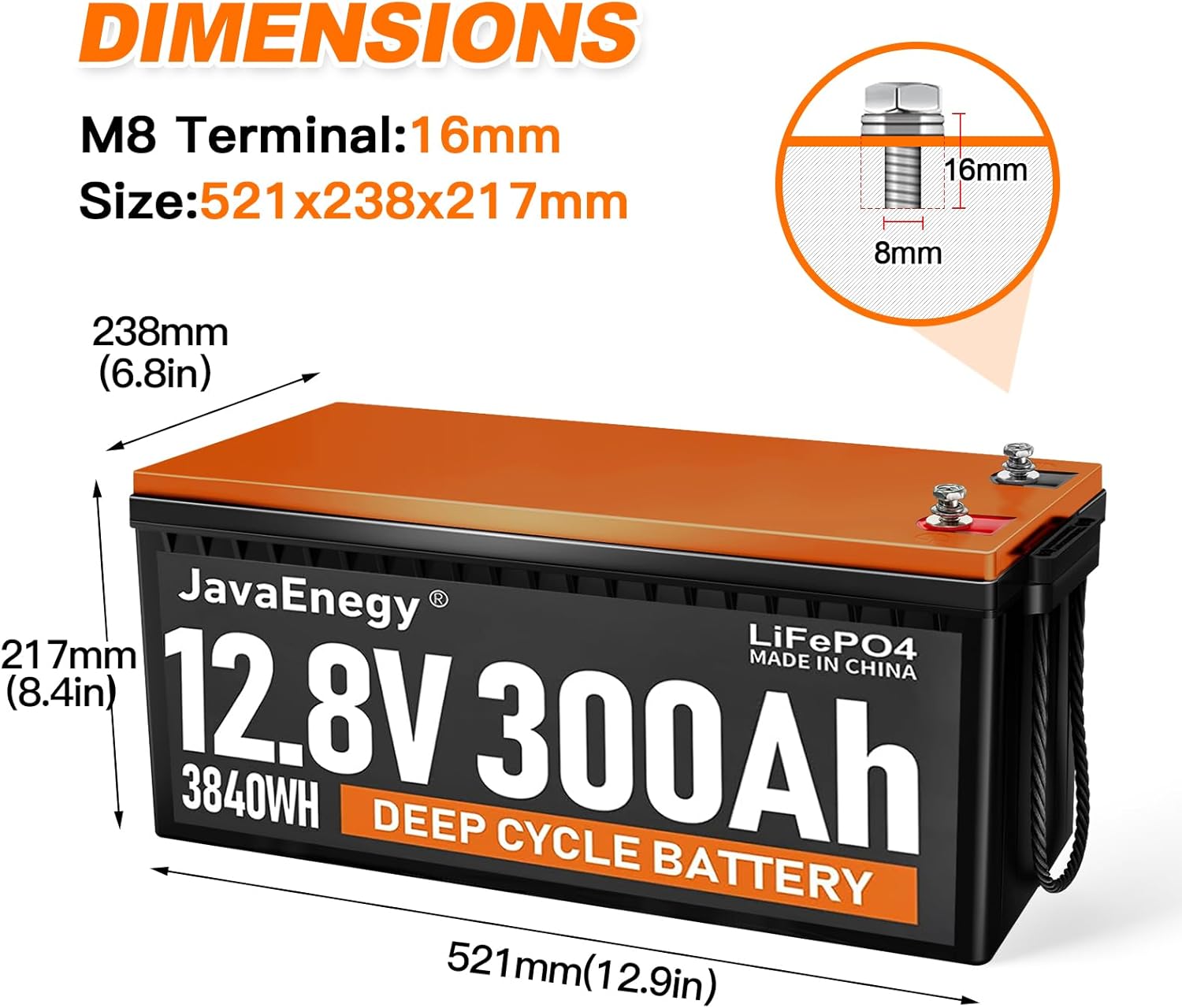 12V 300Ah LiFePO4 Lithium Battery with 200A BMS T125