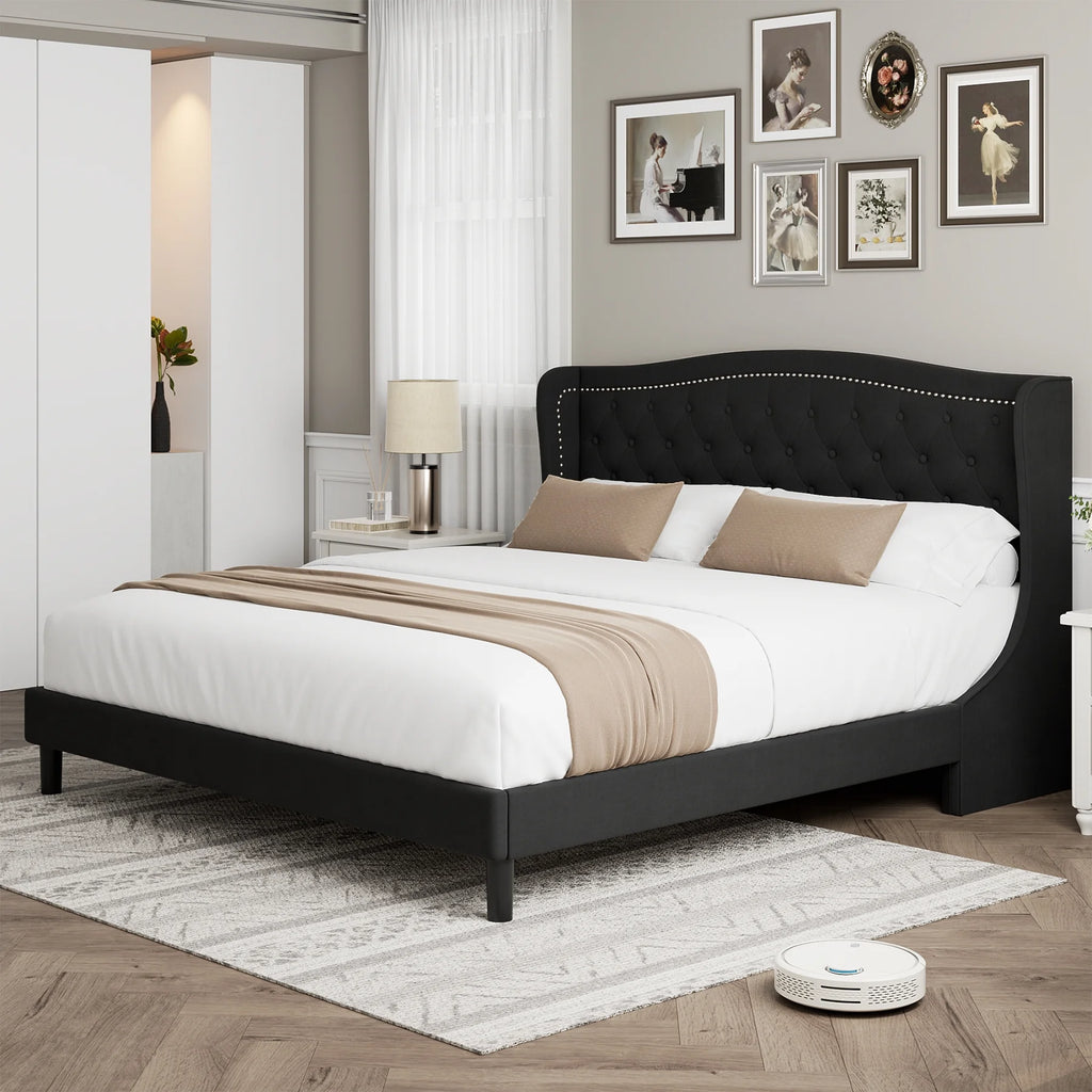 Black Full Bed Frame with Wing-Back Button Tufted Upholstered Headboard and Wood Slat Support P24908