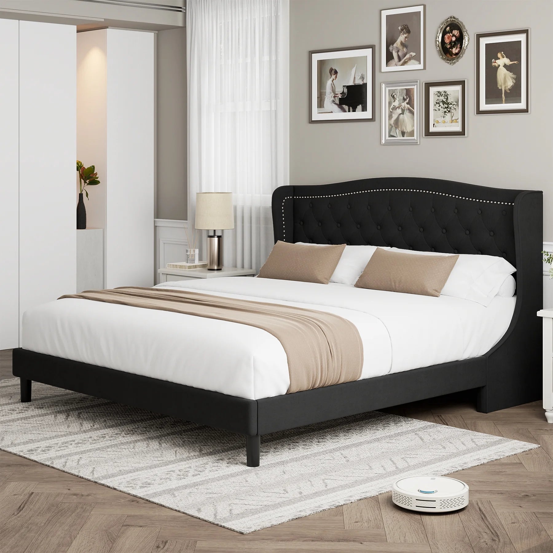 Black Full Bed Frame with Wing-Back Button Tufted Upholstered Headboard and Wood Slat Support P24908