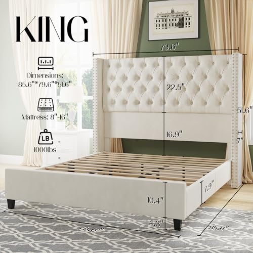King Upholstered Bed Frame with Tall Headboard Wingback Platform Bed Tufted Deep Button Velvet Light Grey S75347