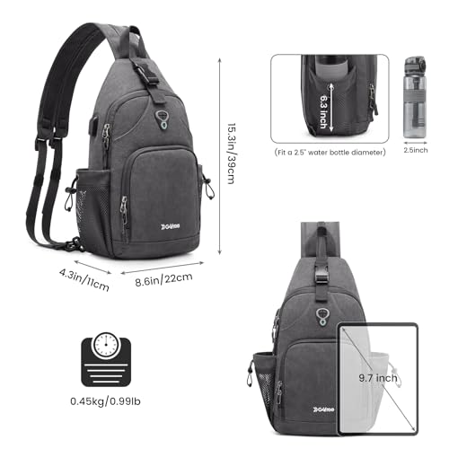 Canvas Sling Bag Crossbody Backpack with USB Charging Port (Dark Grey) I5112