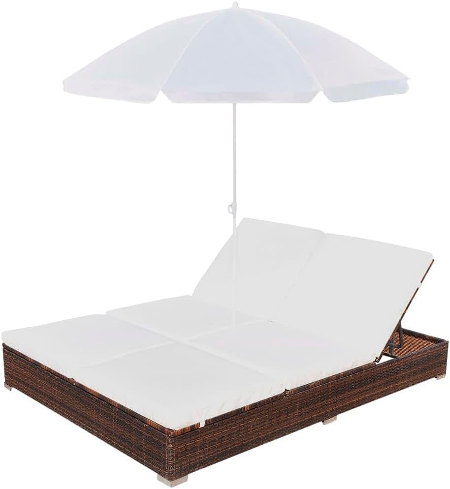 Brown Poly Rattan 2-Person Sun Lounger with Cushion and Umbrella Z1335