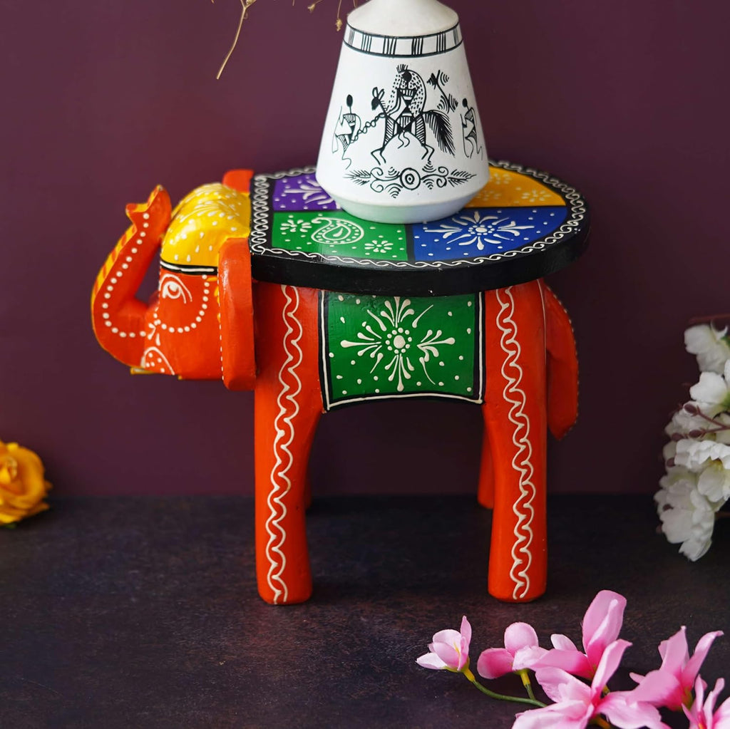 Handcrafted Emboss Painted Colorful Wooden Elephant Shape Stool Table Medium T603