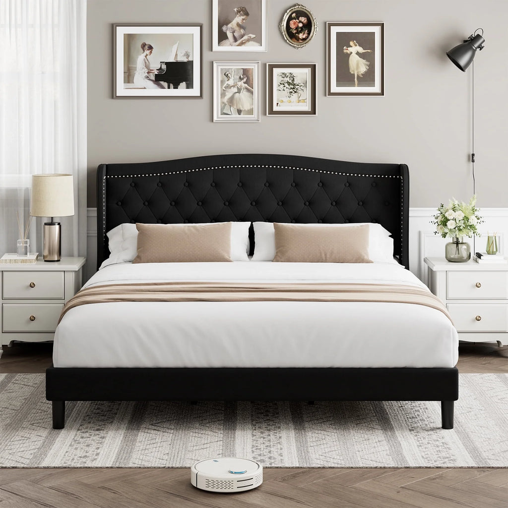 Black Full Bed Frame with Wing-Back Button Tufted Upholstered Headboard and Wood Slat Support P24908