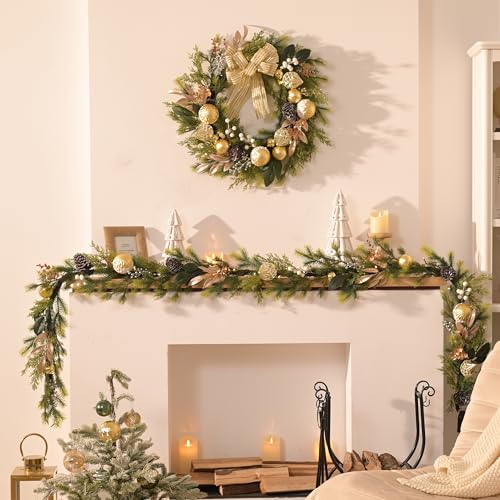 6Ft Prelit Christmas Garland with Pine Cone, Bow Ornaments (Green Gold) M968
