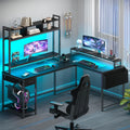 L Shaped Gaming Computer Desk with Monitor Shelf, Power Outlets & LED Lights P6877