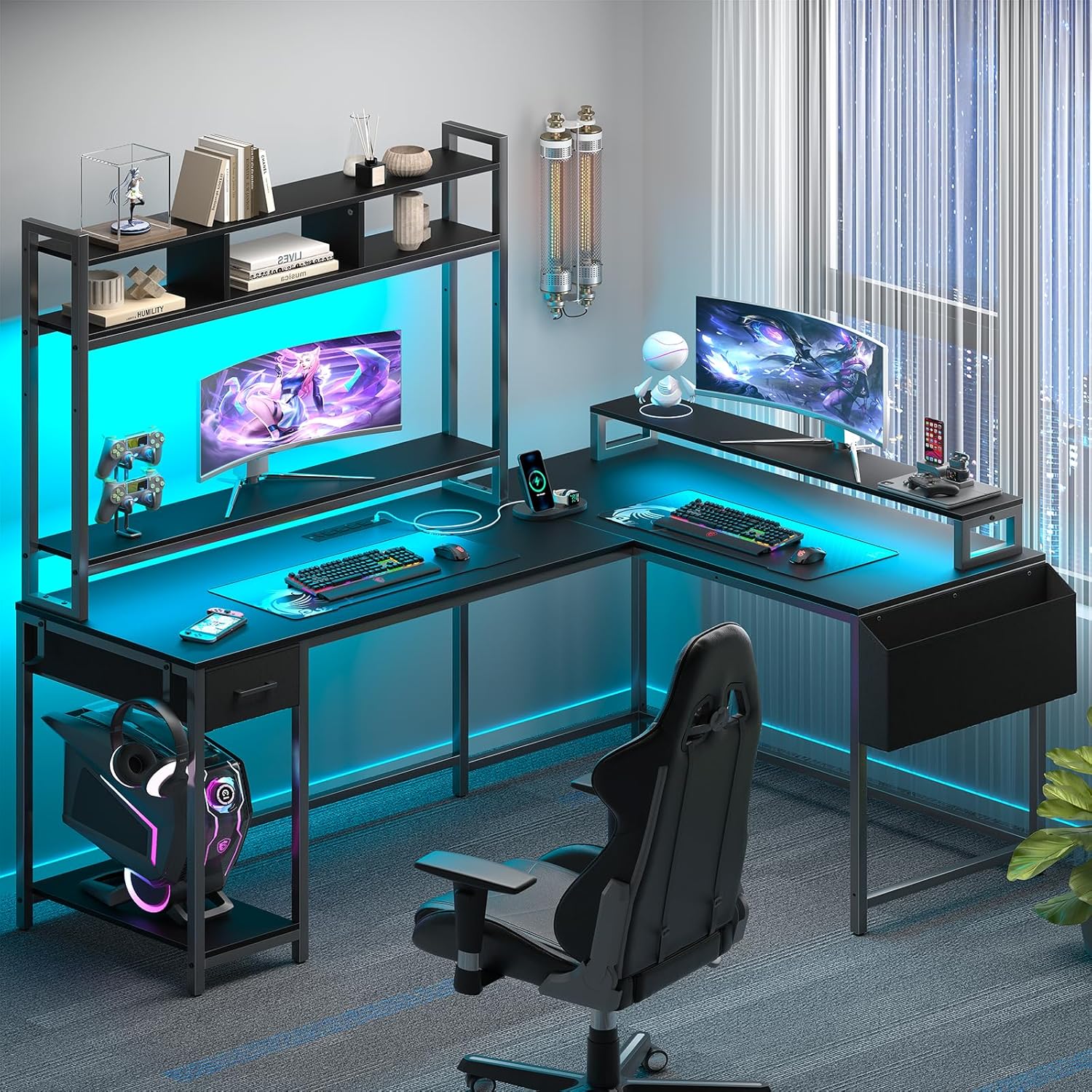 L Shaped Gaming Computer Desk with Monitor Shelf, Power Outlets & LED Lights P6877